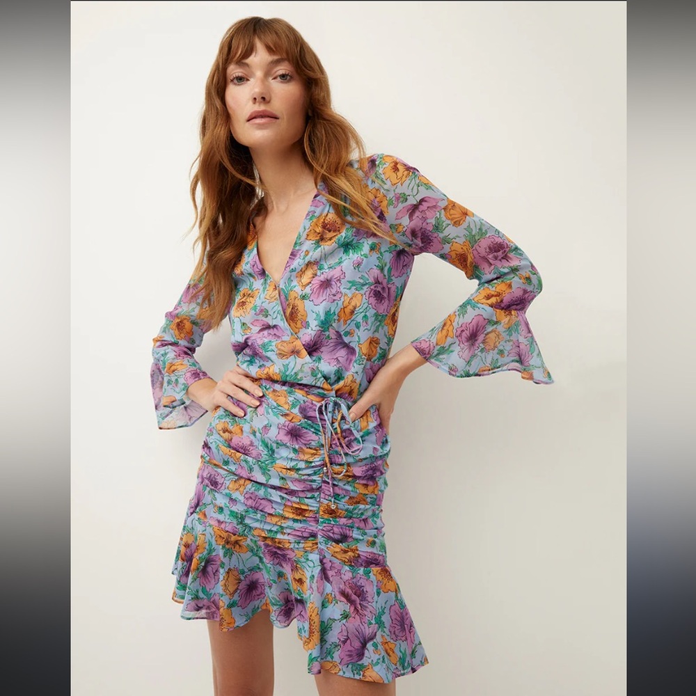 Veronica Beard Sean Floral Ruched Flutter Ruffle Silk Mini Dress fairy ethereal